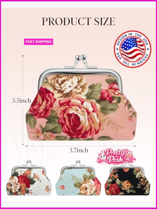 Canvas Floral Kiss Lock Coin Purses, Mini Wallet Pouch Set - Picture 5 of 7